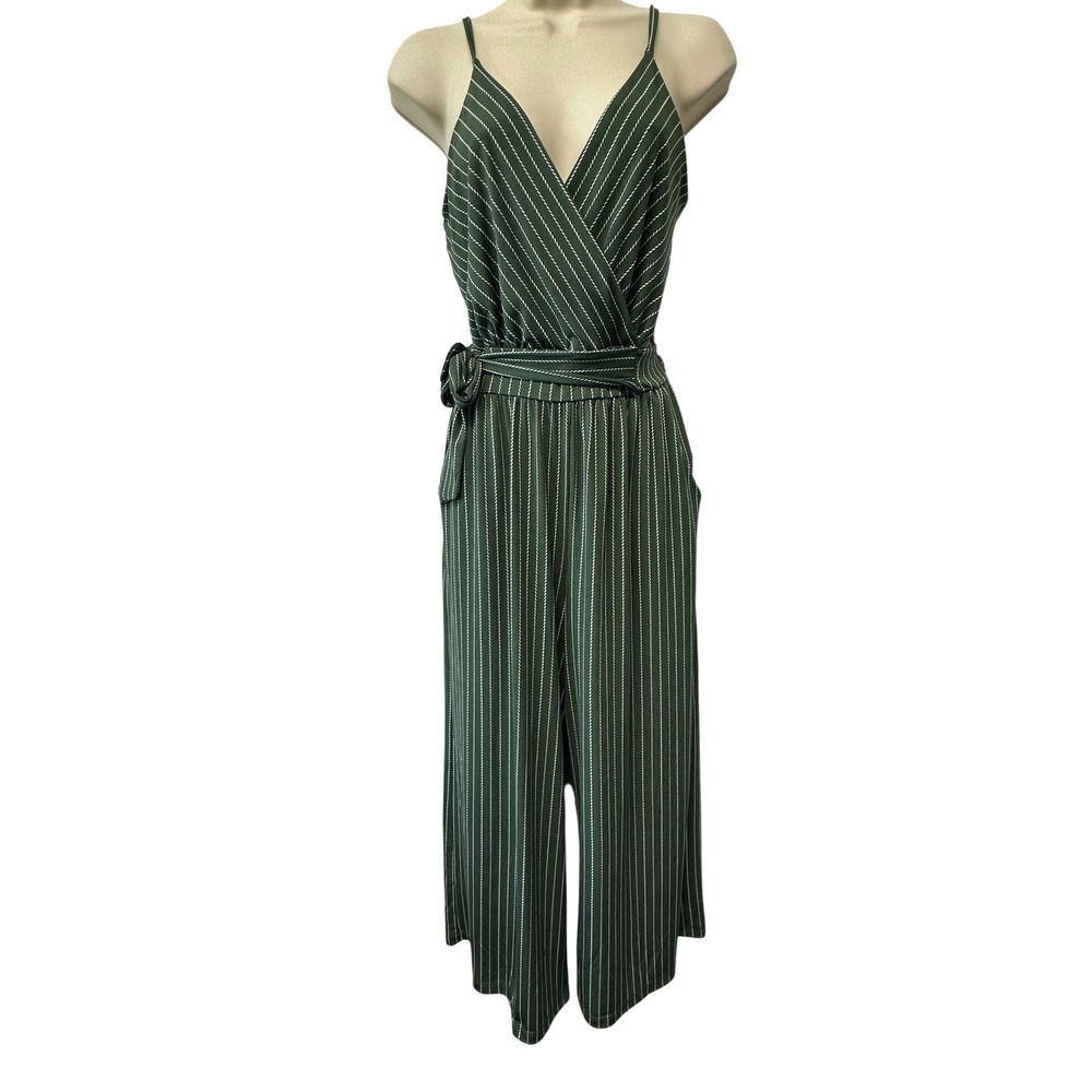 Green Pinstripe Wrap Front Wide Leg Jumpsuit Sleeveless Culottes with Pockets